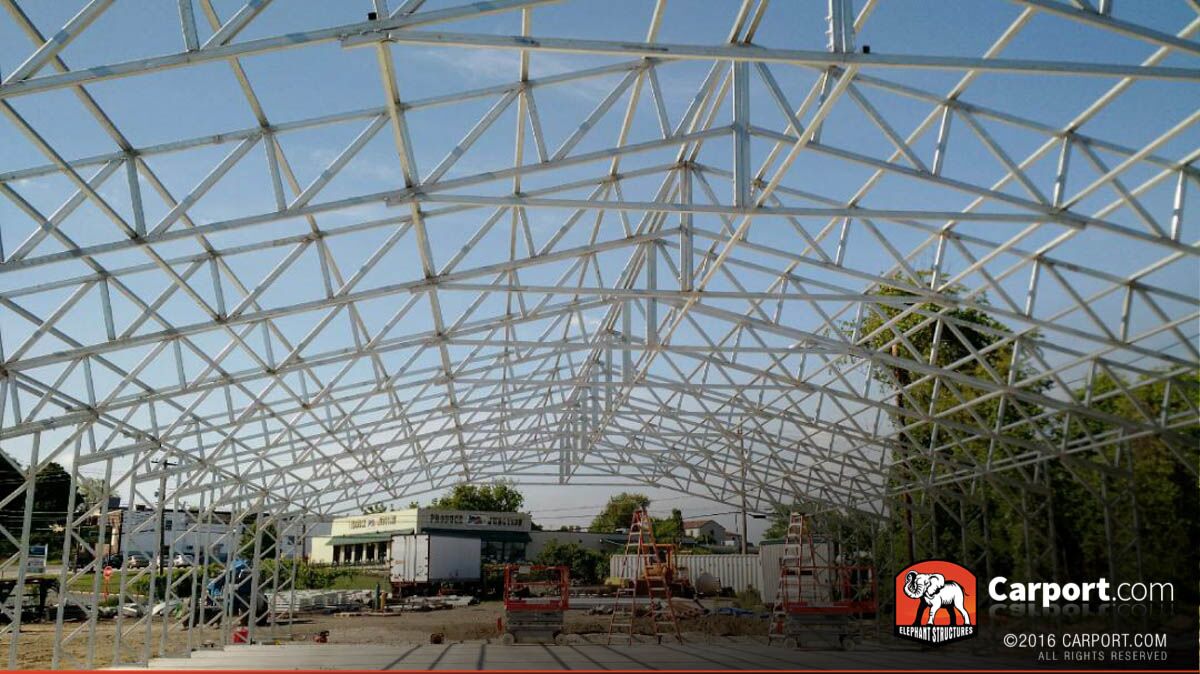 Commercial metal building being built, frame only.